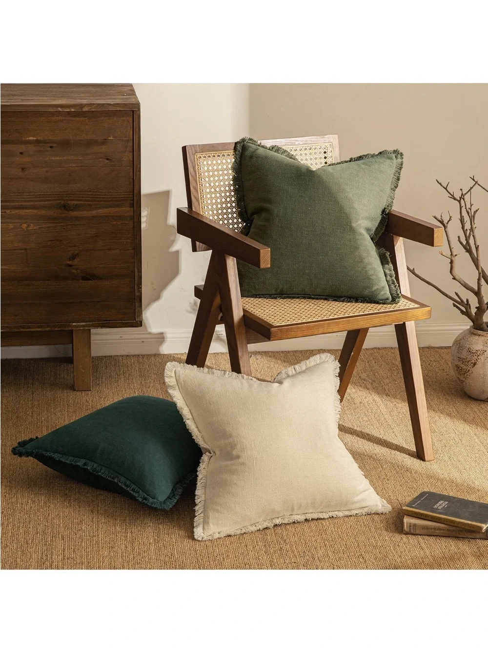 NEW MIULEE Linen Fringe Decorative Euro Throw Pillow Covers Olive Green 24”x24”